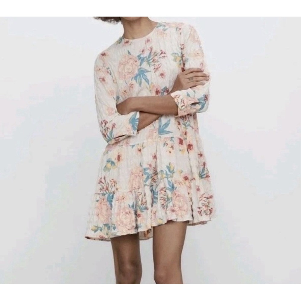 Zara The Sharon Multicolored Floral Print Textured Tiered Babydoll Dress Large